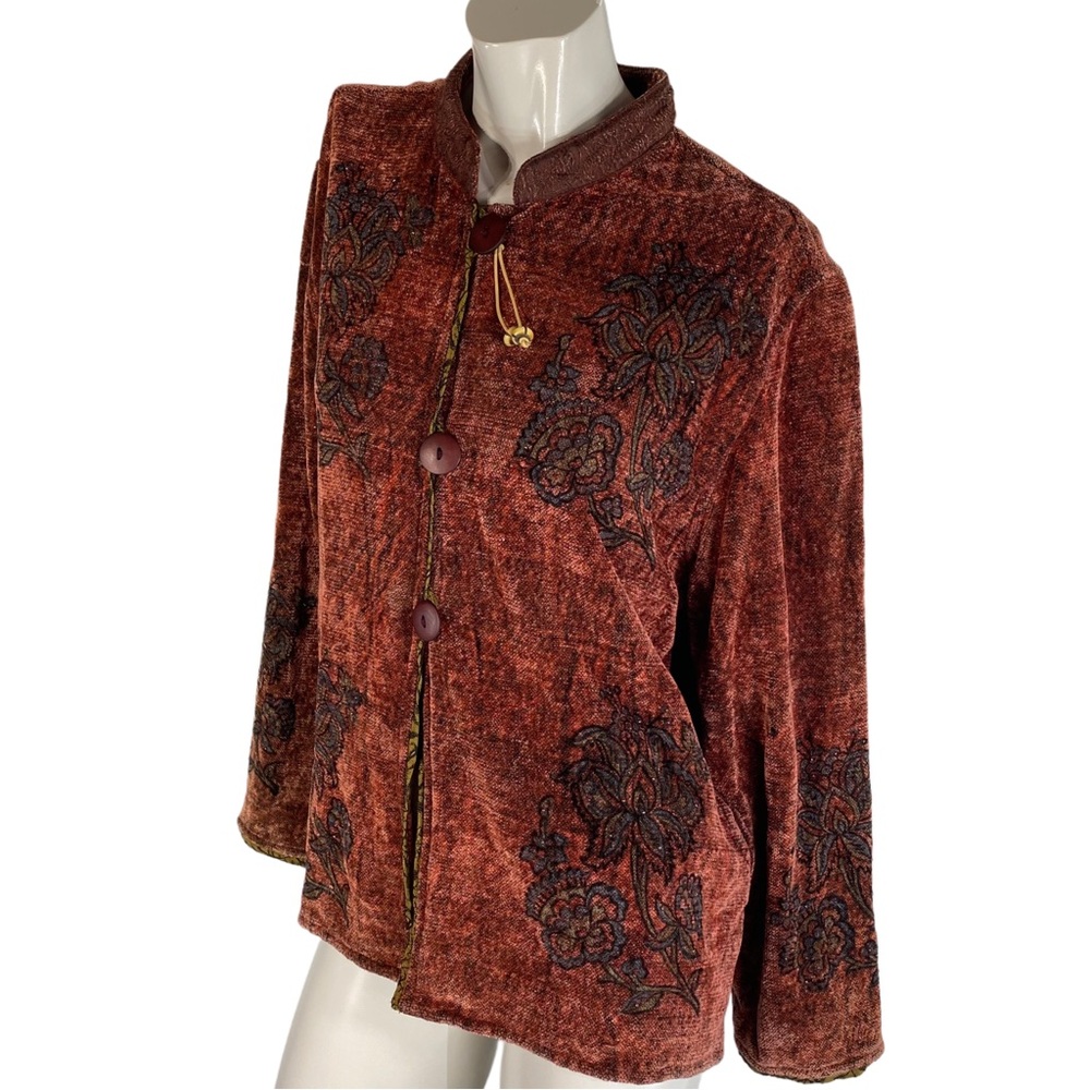 90's Velvet Boho Vintage Tapestry Jacket With Embroideries In Rusty Red M